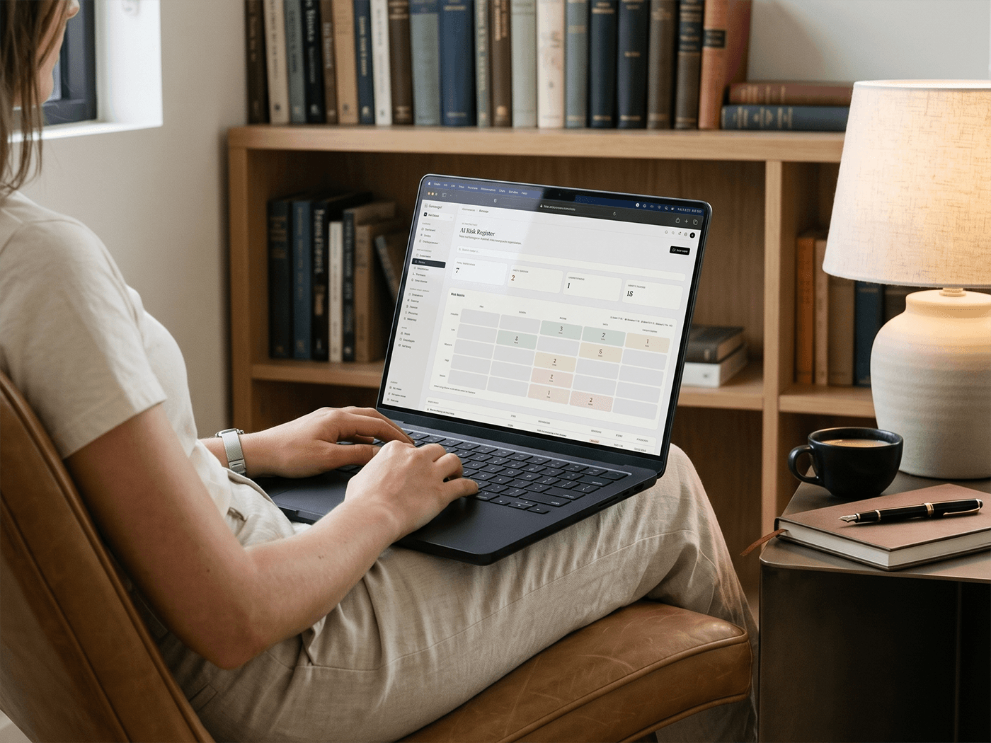 Modelling spread — analyst at desk with working paper draft and ledger printout.