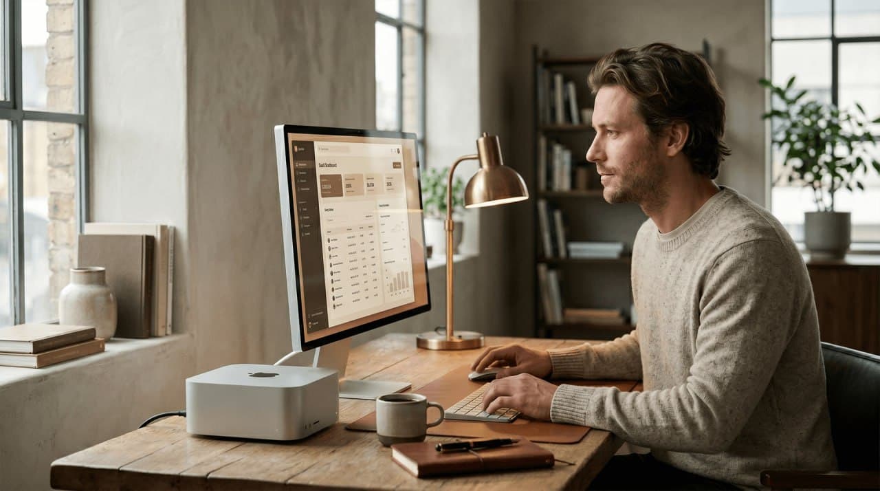 Operator working at a desk with an AI workflow dashboard on screen