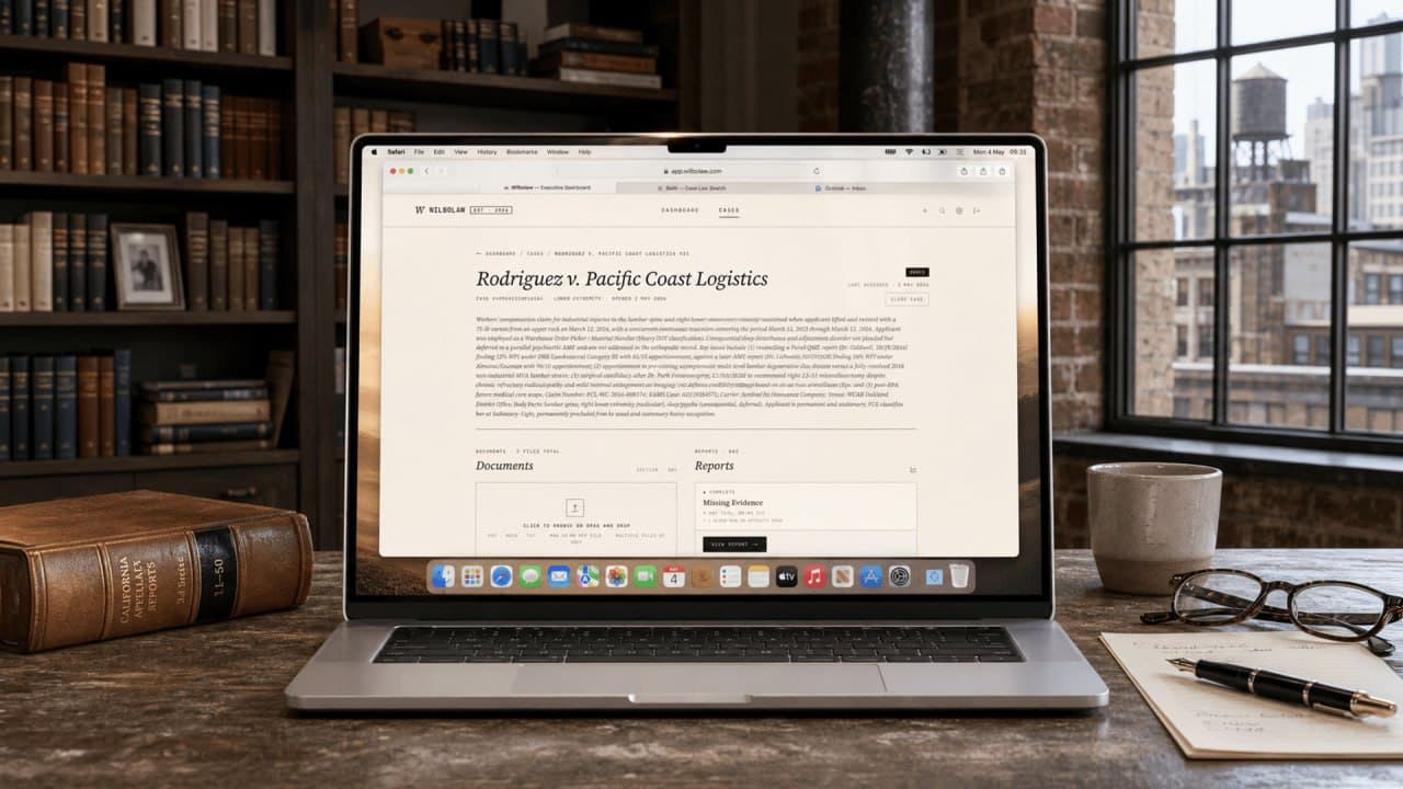 WilboLaw executive dashboard on laptop in a law office